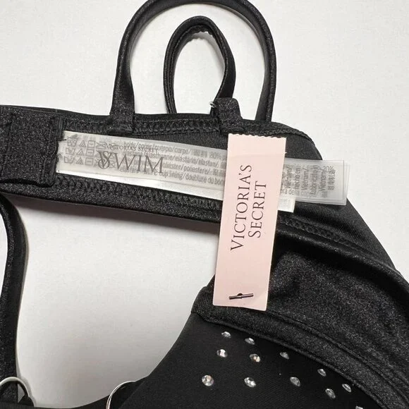 Victoria Secret 34D Bombshell Push Up Bikini Top Glam Cups Shine Strap Black Bikinis